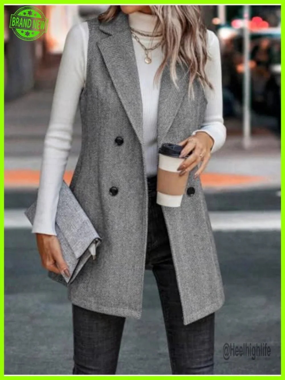 Long Sleeveless Wool Vest Double Breasted Lapel Fall Winter Coat